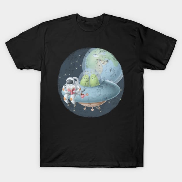 Astronaut reading book on ufo ship. T-Shirt by CaptainPixel